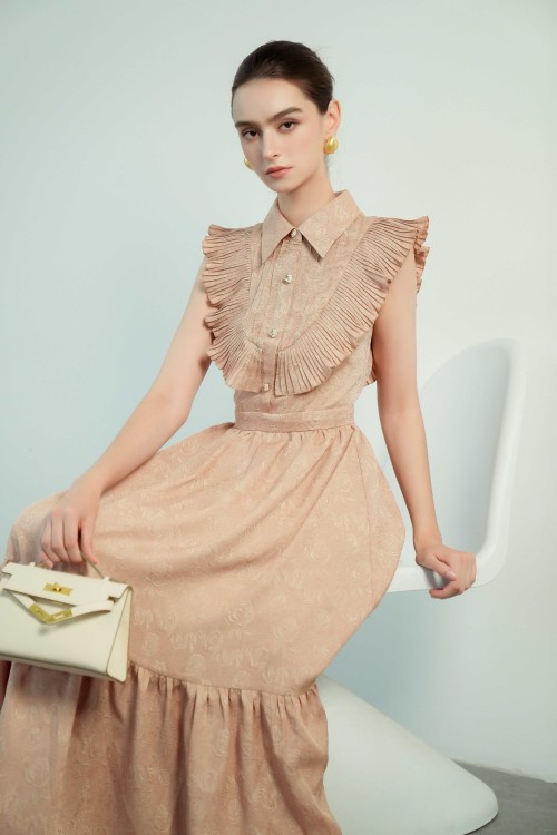 Sixdo Yellowish Brown Floral Brocade Flared Dress